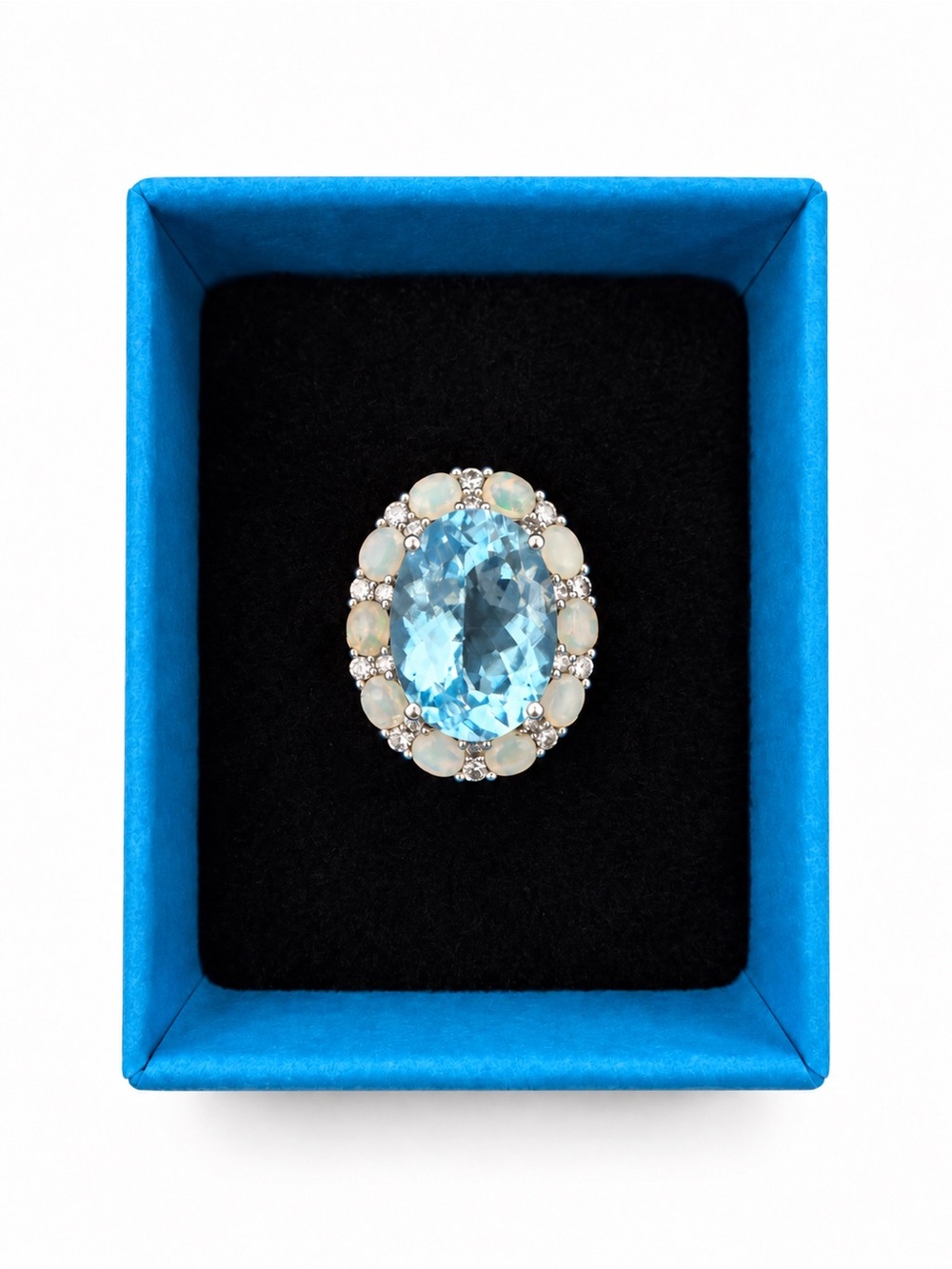 Blue Topaz and Opal Halo Cocktail Ring • Size 5 • NEW IN BOX